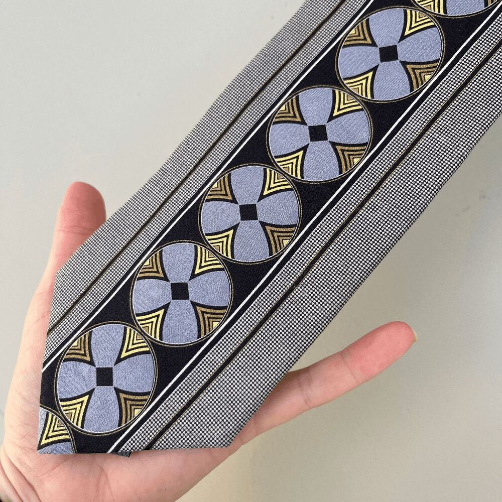 100% Silk Tie Black Silver Gold Geometric Art Deco Medallion Necktie Mens